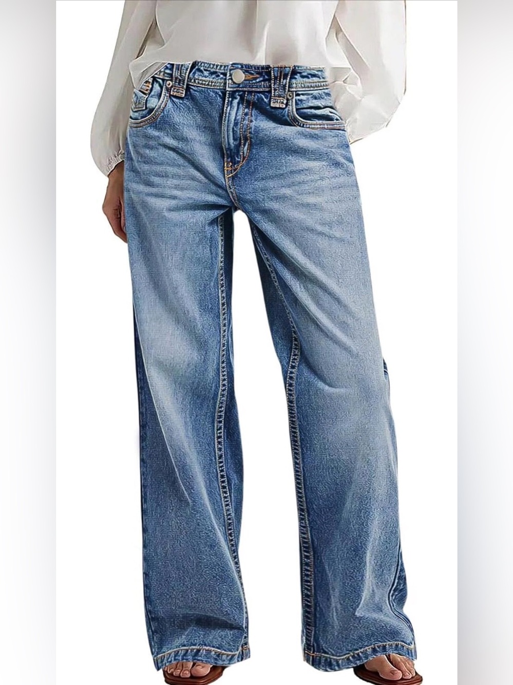 Flamingals Wide Leg Jeans for Women Mid Waist Baggy Stitch Decor Denim Washed